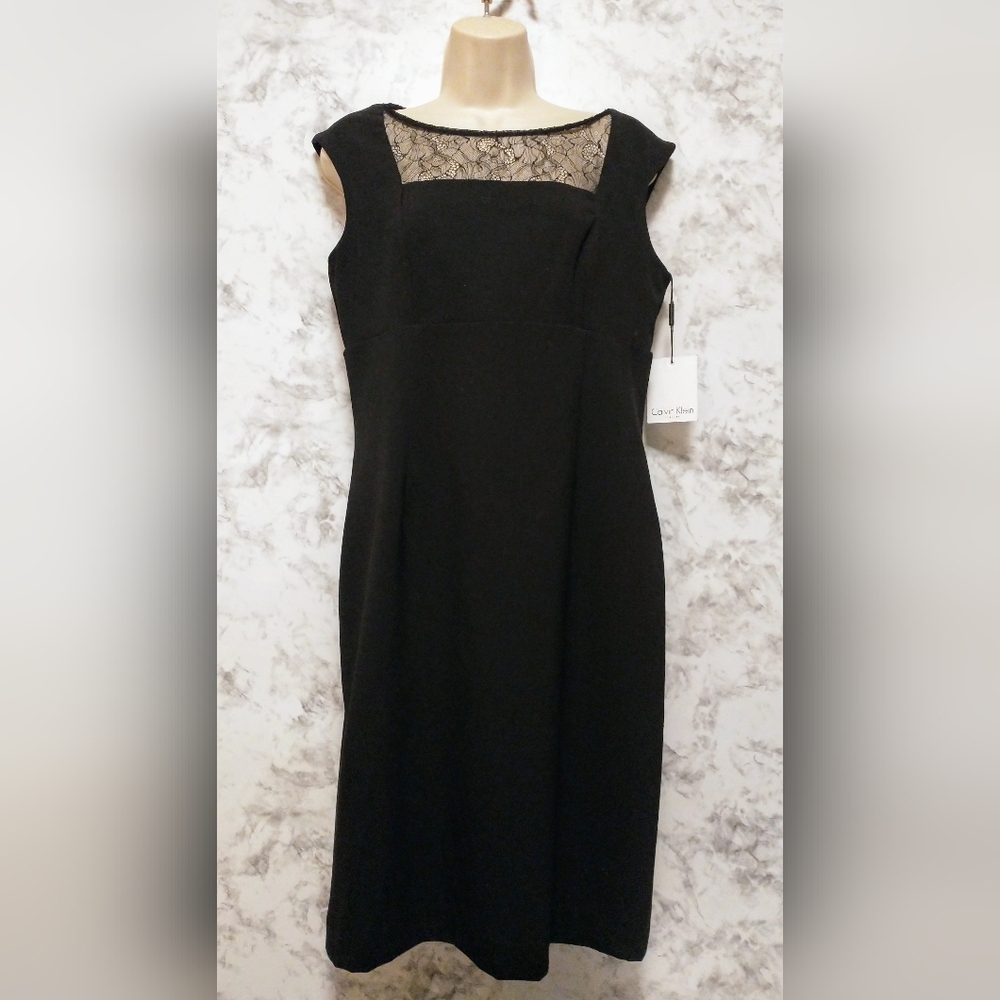 Calvin Klein Black Boat Neck Lace Top Sheath Dress Size 8 Evening $122 NWT